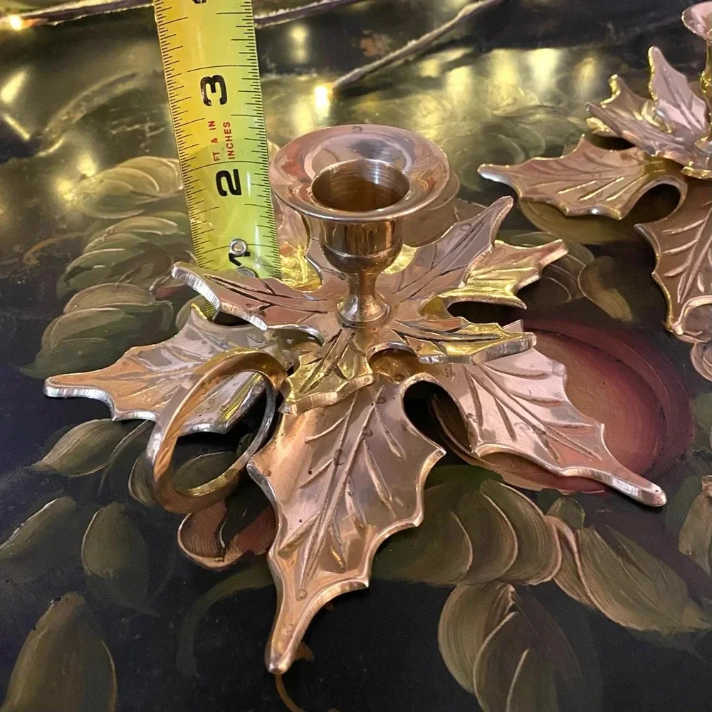 Vintage Brass Christmas Poinsettia Candle Holders 2 Set MCM Cottagecore Floral